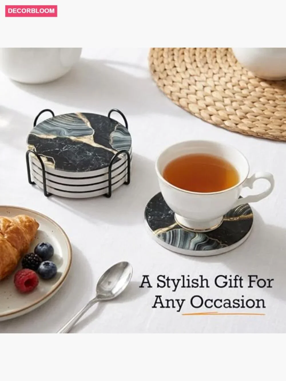 Set of 6 Ceramic Coasters with Gold Metal Holder - Round Drink Coasters for